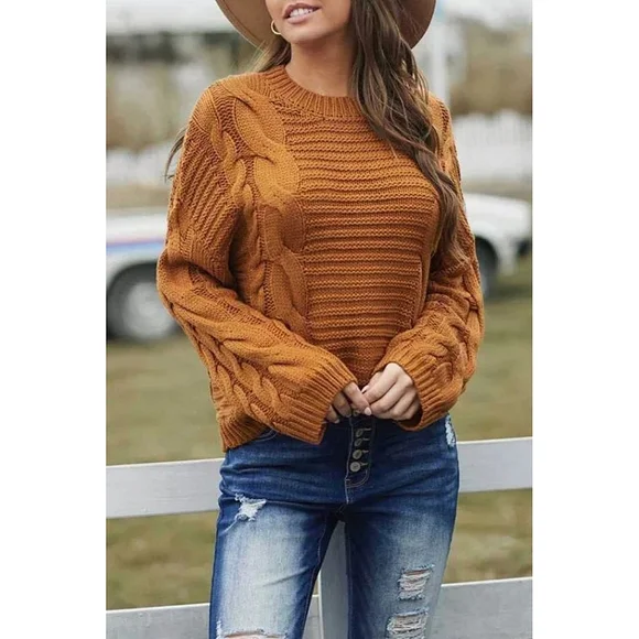 Chic Brown Cable Knit Sweater With Batwing Sleeves - Picture 5 of 5